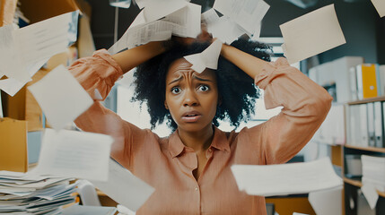 Stressed woman holding her head as papers fly chaotically in an office. A vivid portrayal of workplace anxiety, deadlines, and the chaos of multitasking under pressure.