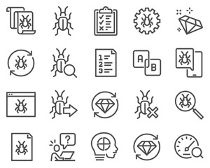 Fototapeta premium A simple set of vector line icons related to quality assurance. Contains icons such as UI testing, bug report, test case and more. Editable stroke.