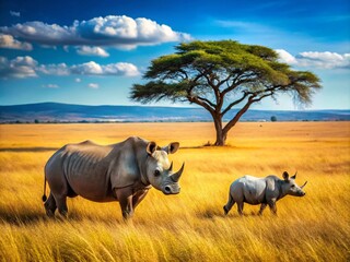 Fototapeta premium White Rhinoceros and Calf Walking in the Savannah of Kenya - Majestic Wildlife Scene
