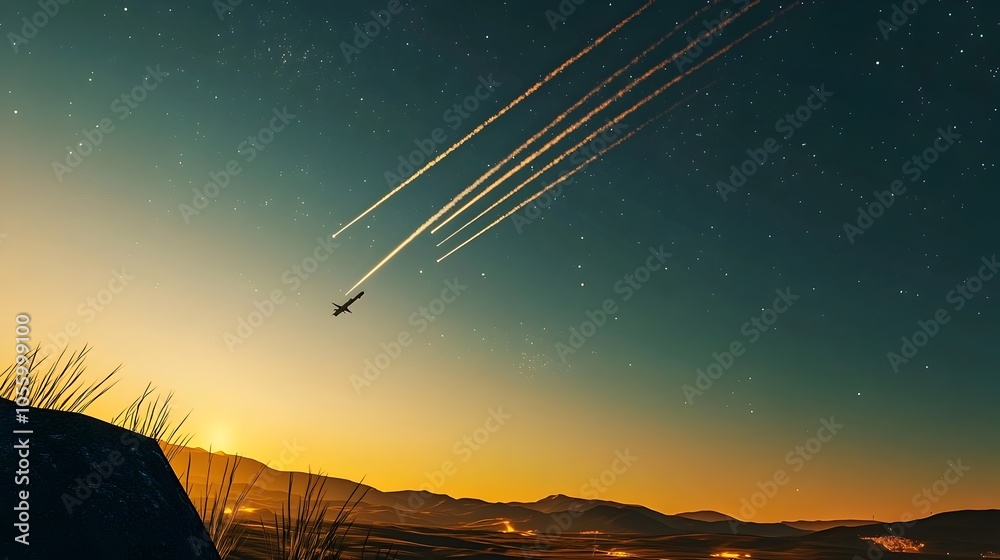 Poster Dramatic launch of a powerful ground based missile interceptor system with contrails streaming across the evening sky in an impressive display of military technology and defense capabilities