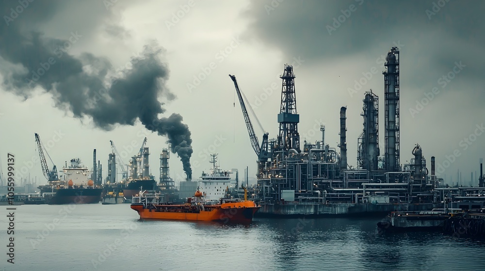 Aufkleber dramatic overhead view of an industrial port with offshore oil platforms and pipelines transporting 