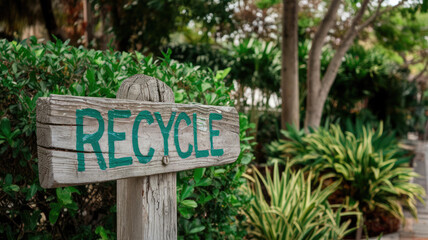 Fototapeta premium A wooden sign post displaying 'RECYCLING' surrounded by lush greenery, promoting eco-friendly habits in a tranquil outdoor setting.