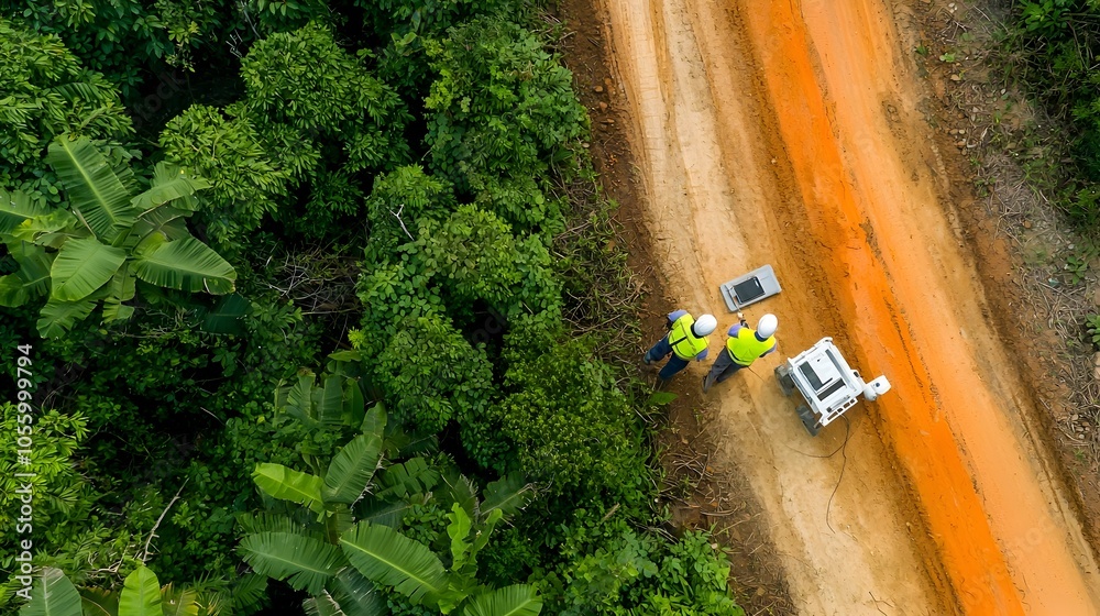 Poster Engineers inspecting and maintaining a section of an oil pipeline running through a forested terrain highlighting the critical infrastructure work required for energy production and transportation