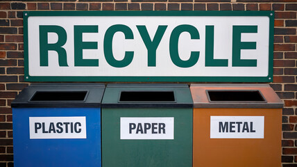 Obraz premium Recycling bins labeled for plastic, paper, and metal. The colorful separation promotes environmental sustainability and encourages proper waste disposal.