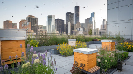 A vibrant rooftop garden with beehives buzzing amidst colorful flowers and a stunning city skyline, showcasing urban biodiversity and sustainability efforts.