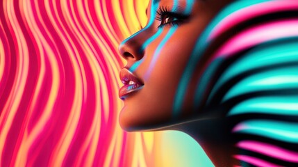 A striking profile of a woman's face, beautifully lit with colorful light streaks, juxtaposing abstract design with human elegance in a modern, artistic composition.
