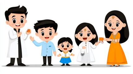 Indian Family Celebrating Raksha Bandhan Festival Cartoon Illustration