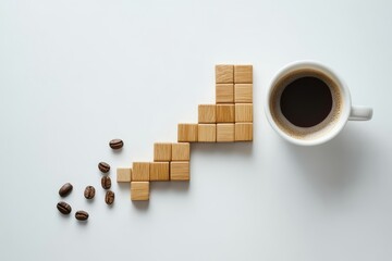 Wooden blocks create a bar chart with coffee beans and cappuccino on a minimalist white backdrop