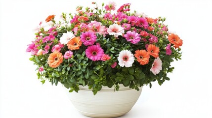 A white pot filled with colorful flowers, pink, orange, and white. The flowers are blooming and the leaves are green. The background is white.