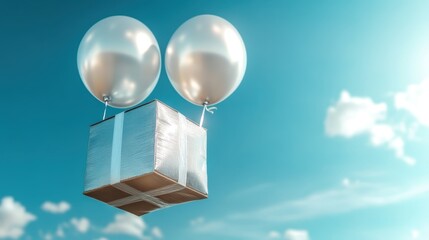 A silver-hued package drifts skyward, buoyed by two helium balloons against a bright blue sky. Its depiction of weightlessness incites curiosity and wonder.