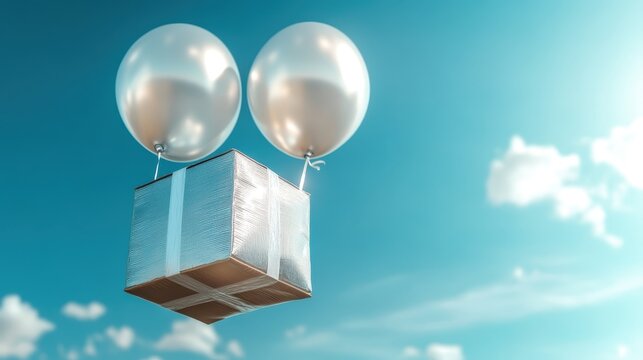 A silver-hued package drifts skyward, buoyed by two helium balloons against a bright blue sky. Its depiction of weightlessness incites curiosity and wonder.