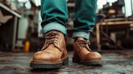 This image shows a close-up view of sturdy brown leather boots on a workshop floor, highlighting the durable design and craftsmanship valued in industrial environments.