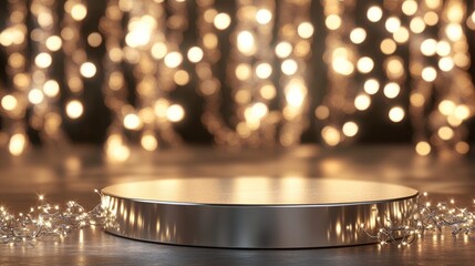 empty shiny podium against christmas background with lights