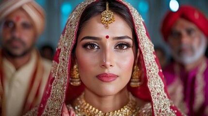 Fototapeta premium Indian Bride Portrait Traditional Jewelry Red Sari Wedding Ceremony