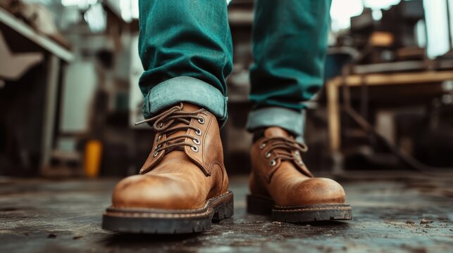 This image shows a close-up view of sturdy brown leather boots on a workshop floor, highlighting the durable design and craftsmanship valued in industrial environments.