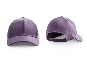 Front and back view of neutral purple baseball cap on white background