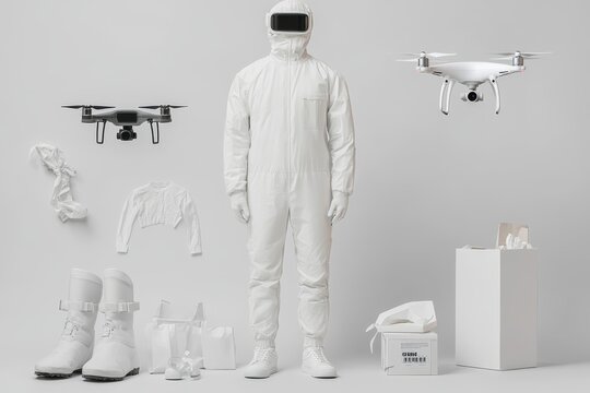 Delivery uniform with scouter and quadrocopter mockup showcased in a photography shot