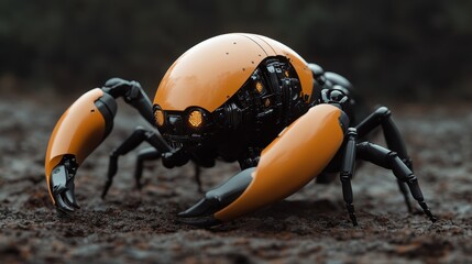 A sturdy robotic creature with a protective shell and glowing eyes, displaying resilient, mechanical prowess while navigating through a rugged earthy surface.