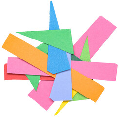 Stack of colorful scraps, stripes or snippets of cut out paper or cardboard, isolated png on...