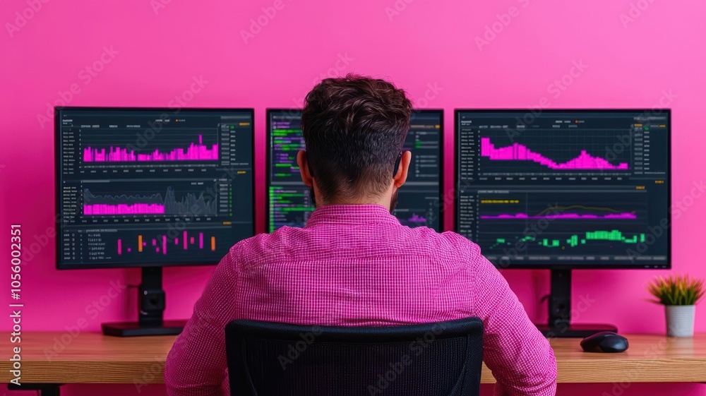 Wall mural analytics dashboard displayed on multiple monitors, creator reviewing metrics, focused and professio