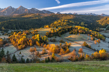 Mountain landscape, Tatra mountains panorama, colorful autumn view from Osturnia village, Slovakia.