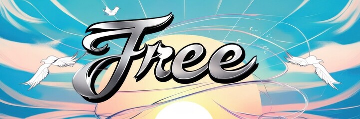 word Free against a radiant sky with beams of light emanating from a glowing sun. Promotion website banner