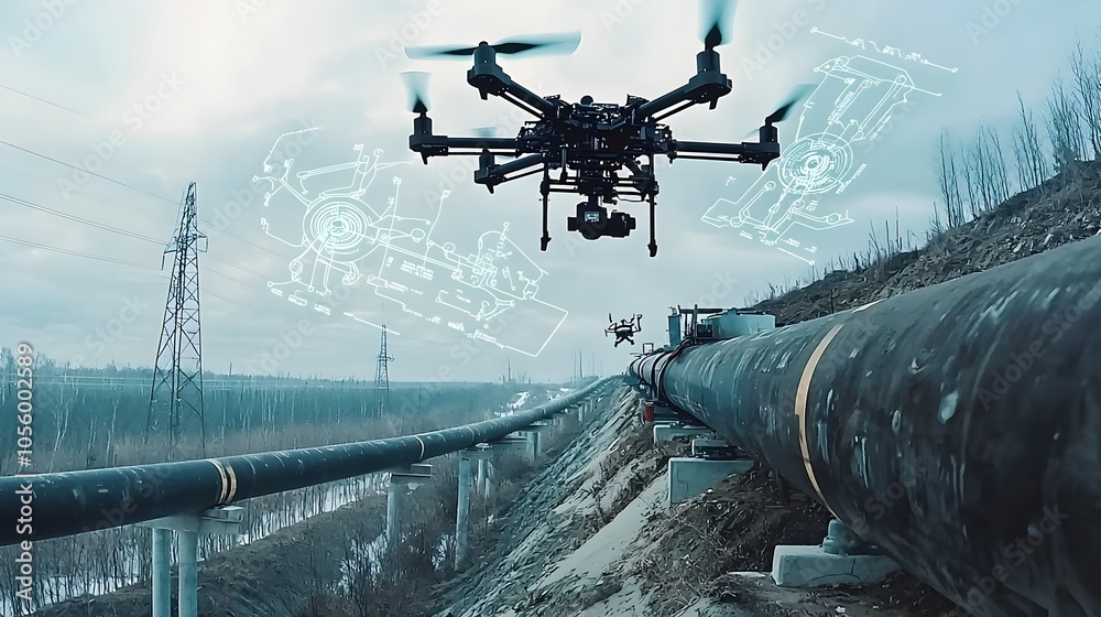 Poster industrial drone flying over rural landscapes inspecting oil pipelines with real time digital data o
