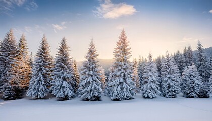 Fototapeta premium Snow-dusted Christmas trees line a winter landscape under a bright sky in a serene forest setting. Generative AI