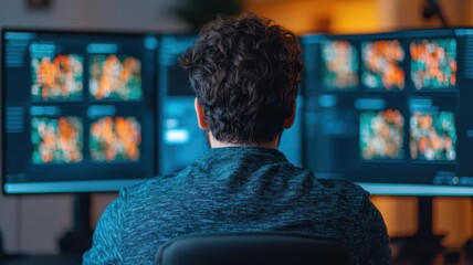 Analytics dashboard displayed on multiple monitors, creator reviewing metrics, focused and professional mood, content creators  capabilities, analytics skills