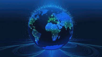 Fototapeta premium A visually striking digital representation of Earth, featuring illuminated continents showcasing vibrant green and blue colors. The globe exudes a modern, high-tech ambiance.