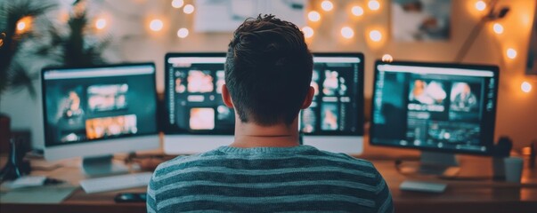 Marketing team crafting digital ads, sleek office with multiple devices, focused creative flow, content creation, marketing strategies