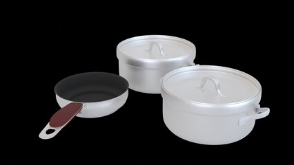 frying pan and pots with black background