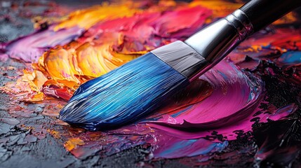 Obraz premium Colorful brush mixing vibrant paint on palette in an artist's studio during daytime