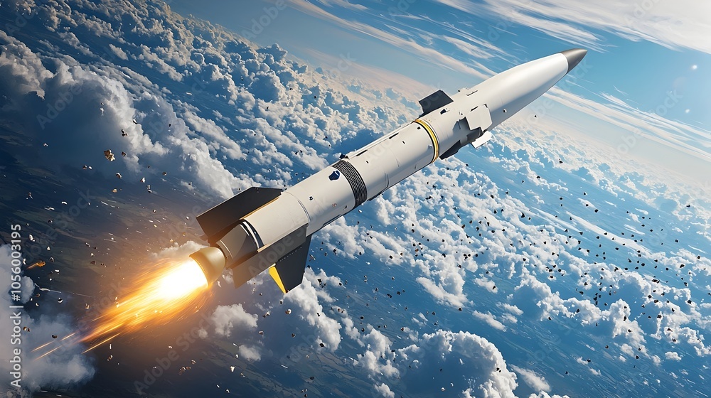 Poster kinetic vehicle kkv intercepting a ballistic missile in the upper atmosphere with bright debris scat