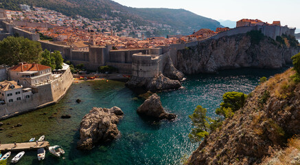Bokar Fort in Dubrovnik Bay with blue sea and sunlight beams