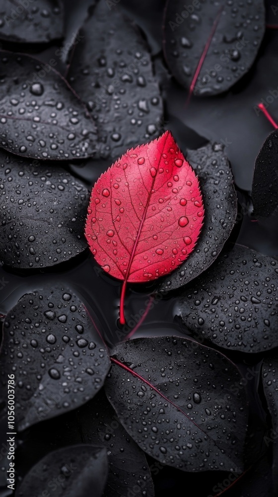 Poster a leaf with water droplets on it is the main focus of the image