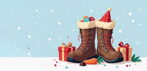 Old hiking boots filled with sweets. Saint Nicholas day banner. Sinterklaas Dutch holiday greeting card. Christmas Gift boxes, carrot, candies, cookies, chocolate and shoe. Shoen Zetten.