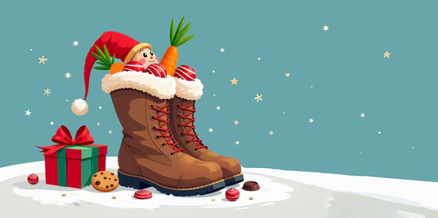 Old hiking boots filled with sweets. Saint Nicholas day banner. Sinterklaas Dutch holiday greeting card. Christmas Gift boxes, carrot, candies, cookies, chocolate and shoe. Cartoon Xmas illustration.
