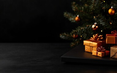 A cozy, festive scene featuring beautifully wrapped Christmas gifts near a decorated tree, set against a dark background.