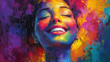 Obraz premium Vibrant portrait of a joyful woman with colorful abstract background