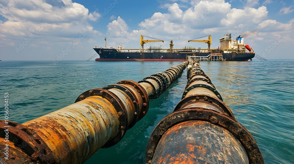 Poster massive oil tankers moored at a marine terminal with floating pipelines extending toward the ships f