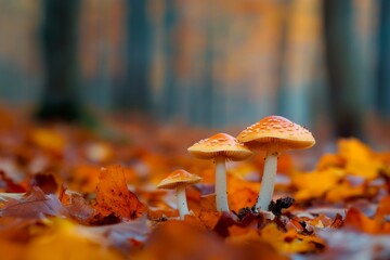 Charming tiny mushrooms emerging amidst colorful autumn leaves in a picturesque forest setting