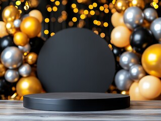 A minimalist display stage with a black background, surrounded by festive golden, silver, and black balloons, creating an elegant atmosphere.