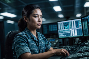 Female naval officer in blue camouflage working in naval army central control and monitoring office for the management of national security, technology and naval army communications