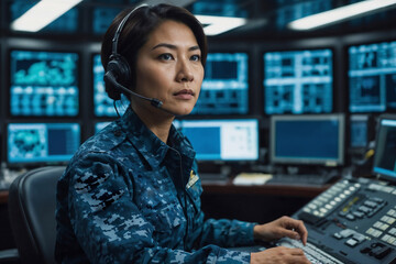 Asian female naval officer in blue camouflage is headset and typing on a computer in naval army central control, she is focused on her work and she is in a serious mood