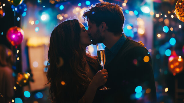 Couple kissing with champagne at New Year's party celebration