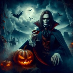 vampire holds a glass of wine at night halloween illustration