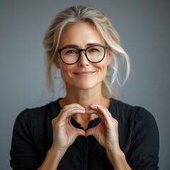 Close-up of a mature woman in stylish eyeglasses, forming a heart with her fingers, promoting an eyewear store, laser vision correction, and health check-ups.

