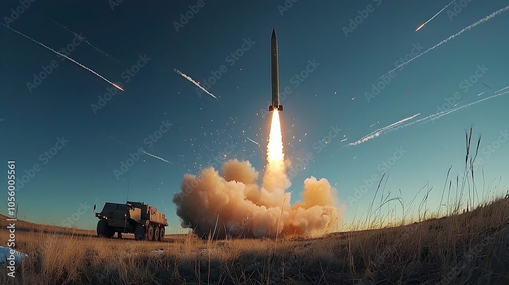 Poster powerful ground based missile interceptor launching from a fortified military defense base with stre