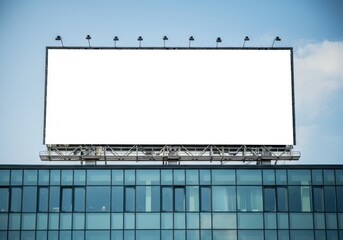 A large, empty billboard stands atop a sleek commercial building in a vibrant urban area. The blue sky serves as a backdrop, emphasizing the billboard's blank canvas
